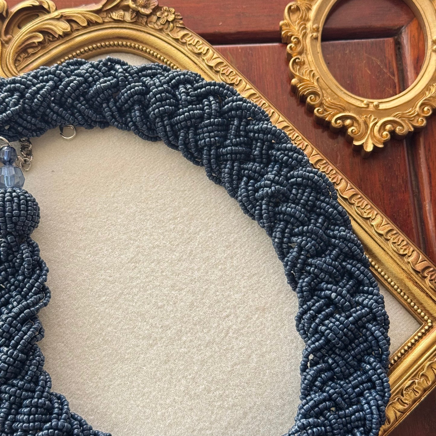 Navy Blue Braided Beaded Statement Necklace