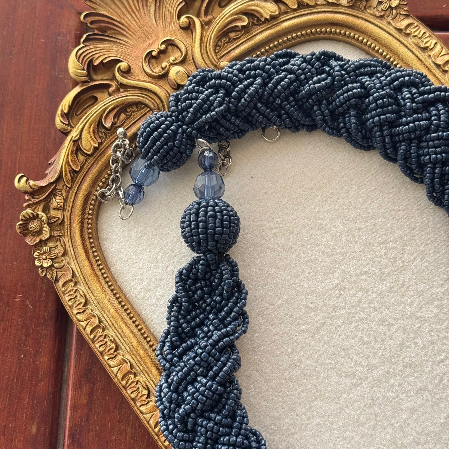 Navy Blue Braided Beaded Statement Necklace