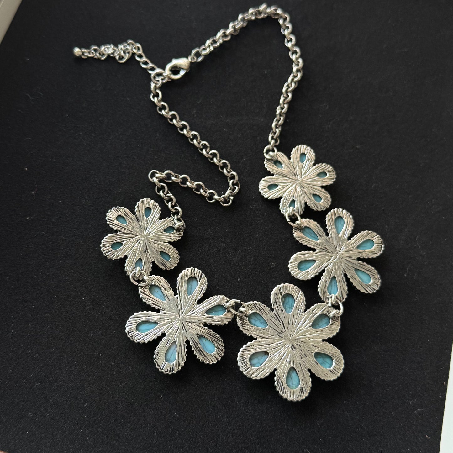 Turquoise Flower Statement Necklace in Antique Silver
