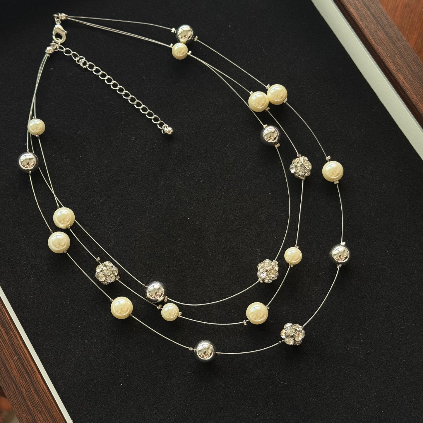 Three-Strand Pearl Necklace with Silver-Tone Beads