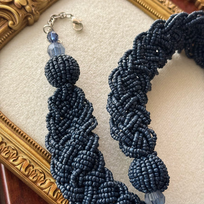 Navy Blue Braided Beaded Statement Necklace