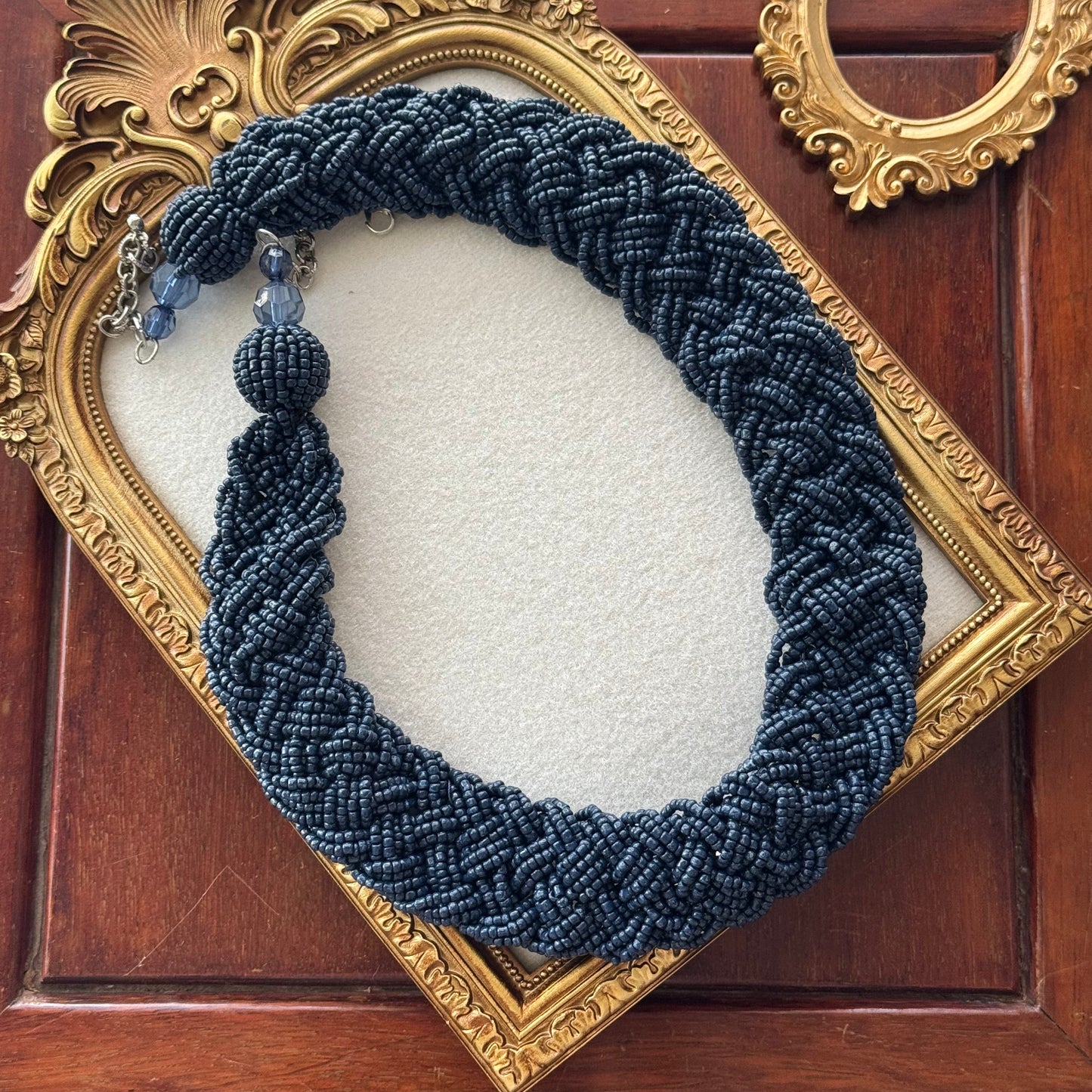 Navy Blue Braided Beaded Statement Necklace