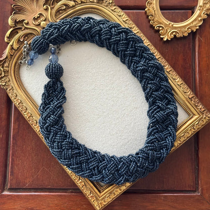 Navy Blue Braided Beaded Statement Necklace