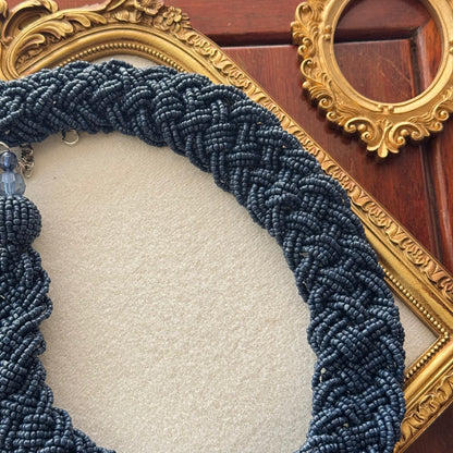 Navy Blue Braided Beaded Statement Necklace