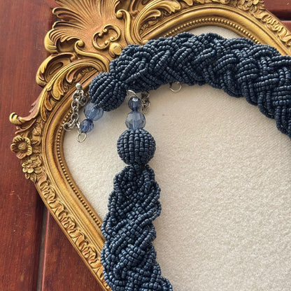 Navy Blue Braided Beaded Statement Necklace