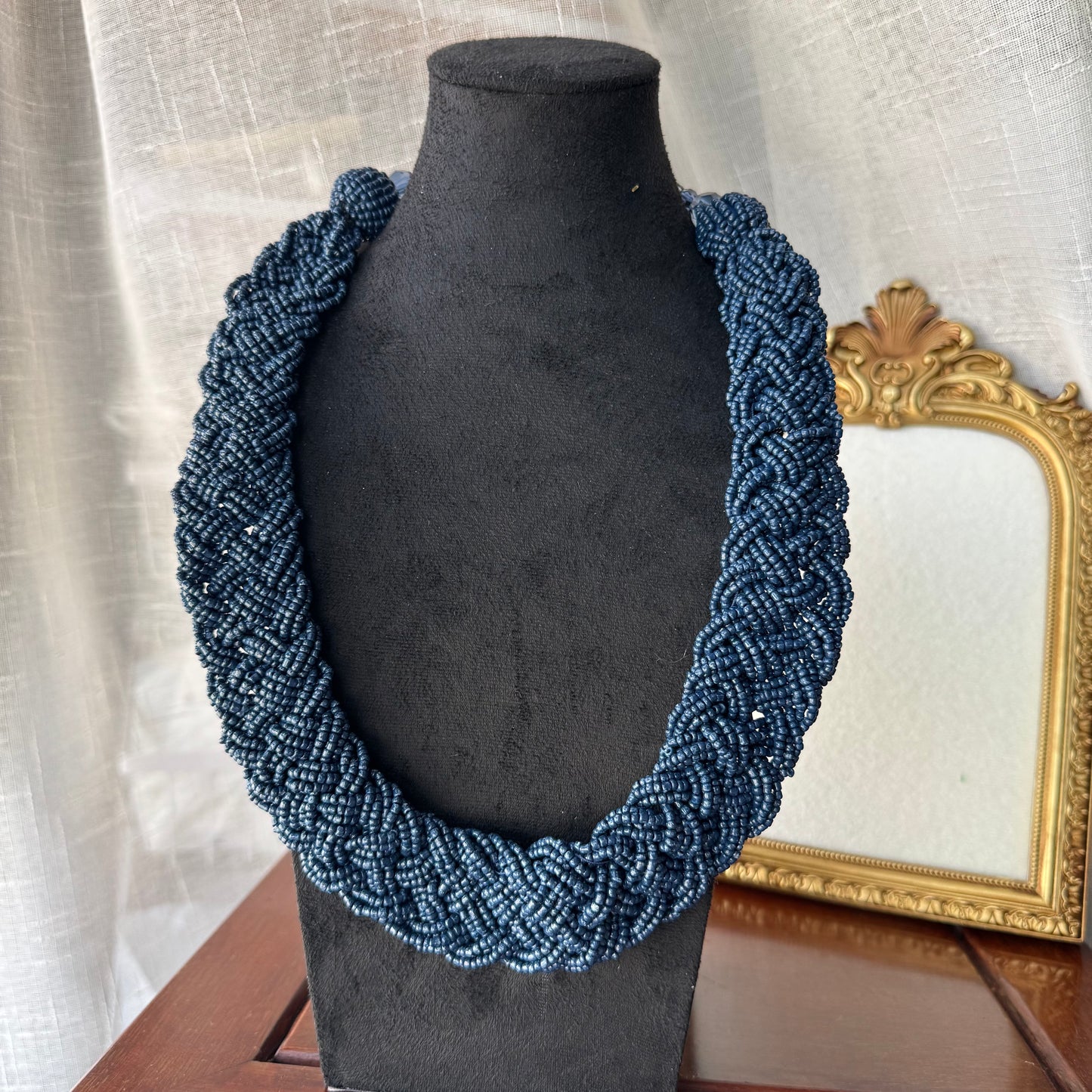 Navy Blue Braided Beaded Statement Necklace