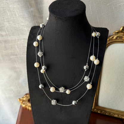 Three-Strand Pearl Necklace with Silver-Tone Beads