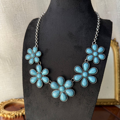 Turquoise Flower Statement Necklace in Antique Silver