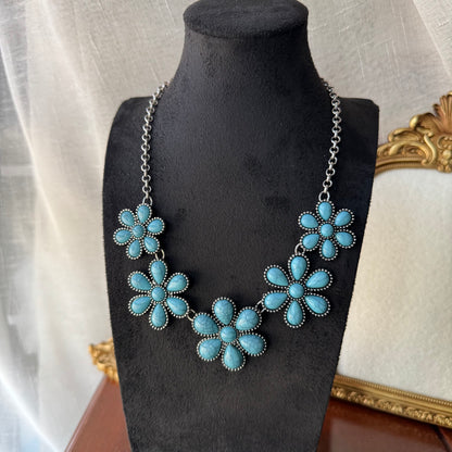 Turquoise Flower Statement Necklace in Antique Silver