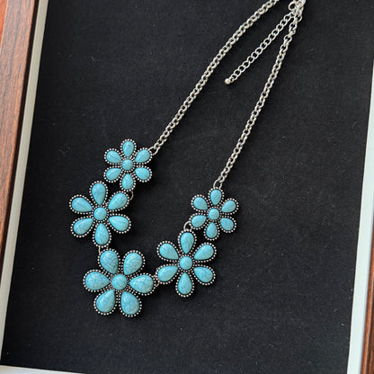 Turquoise Flower Statement Necklace in Antique Silver