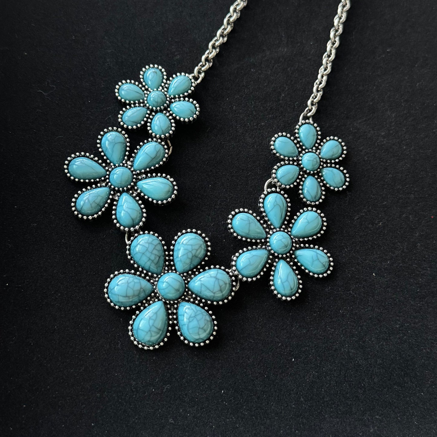 Turquoise Flower Statement Necklace in Antique Silver