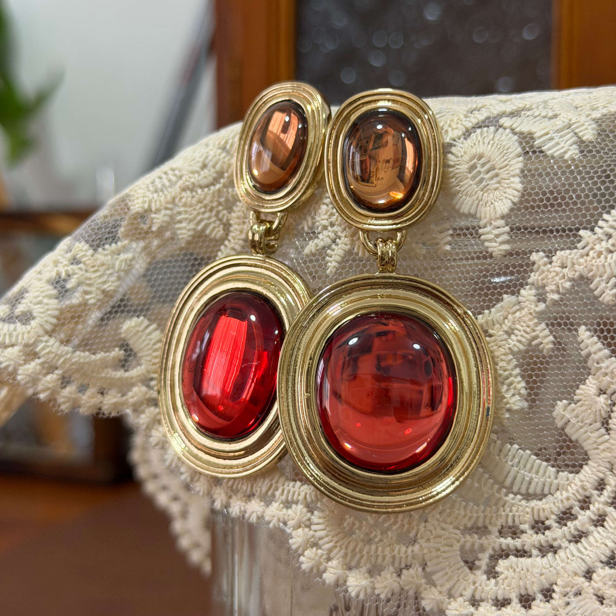 Crimson Cabochon Drop Earrings